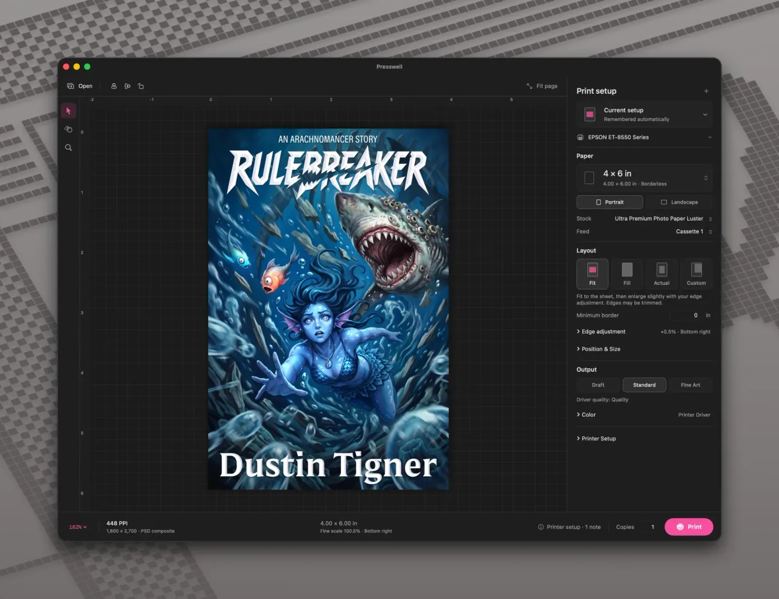 Presswell preparing a 4 × 6 inch borderless print of the cover of Rulebreaker, an Arachnomancer story by Dustin Tigner.